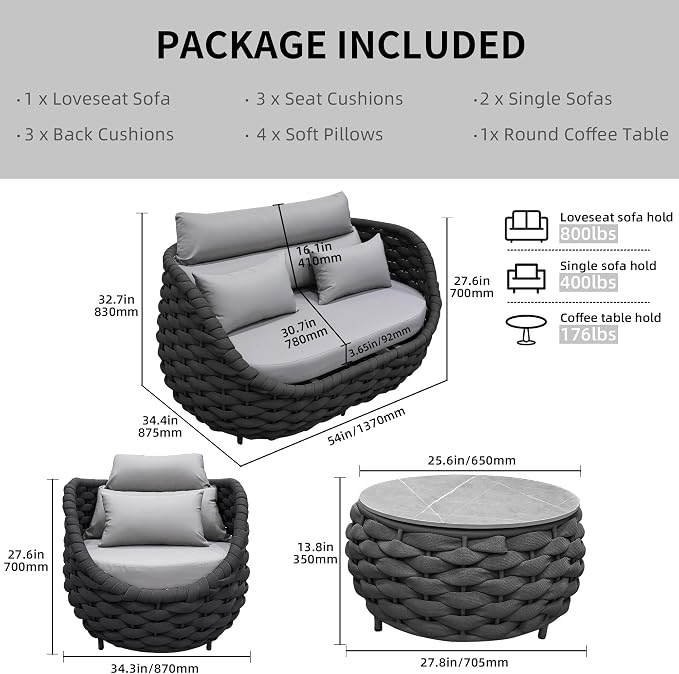 TWT Patio Furniture Sofa Set 4 Pieces Aluminum Outdoor Furniture w/27.8in - Image 2