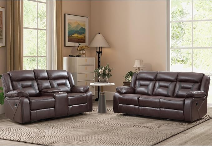 EBELLO Manual Recliner Sofa Set, Faux Leather Reclining Living Room Furniture by EBELLO