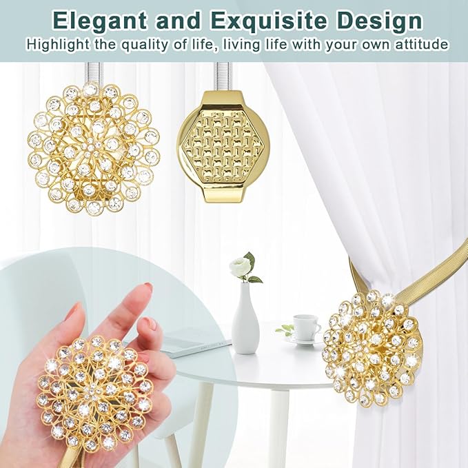 AULEEP Magnetic Curtain Tiebacks, 4 Pack Magnetic Crystal Decorative Drapes - Image 5