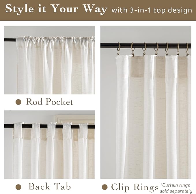 RYB HOME Ivory Sheer Curtains for Living Room, Linen Blend Filter Sunlight - Image 2