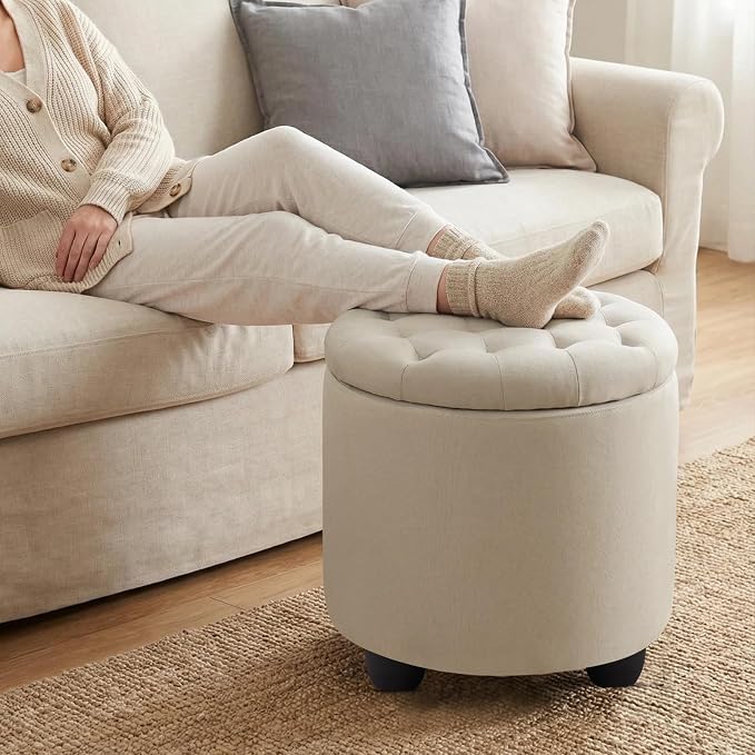 Furniliving Modern Round Storage Ottoman, Button Tufted Ottoman Foot Stools - Image 10