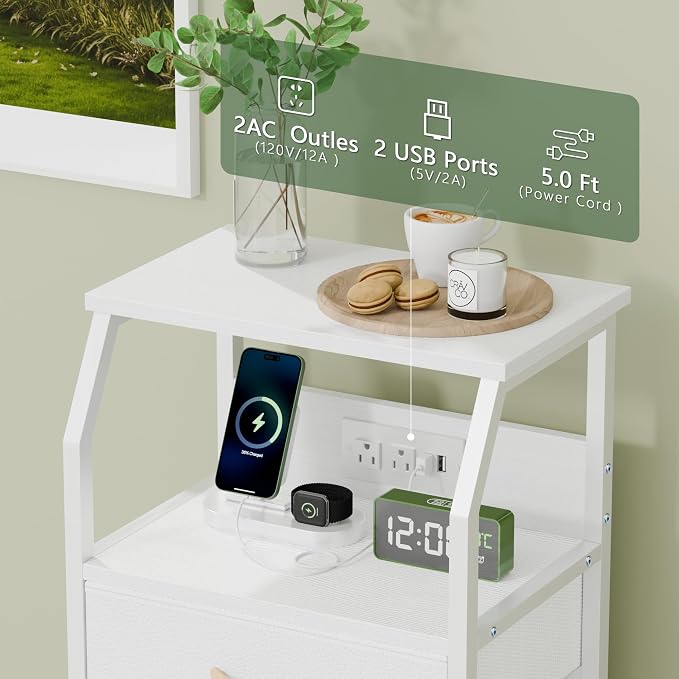 Furnulem Night Stand with Charging Station, Dresser with PVC & Fabric Drawers - Image 8