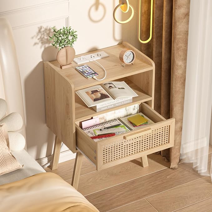 Lerliuo Rattan Nightstand with Charging Station, Boho Night Stand with Handmade - Image 4