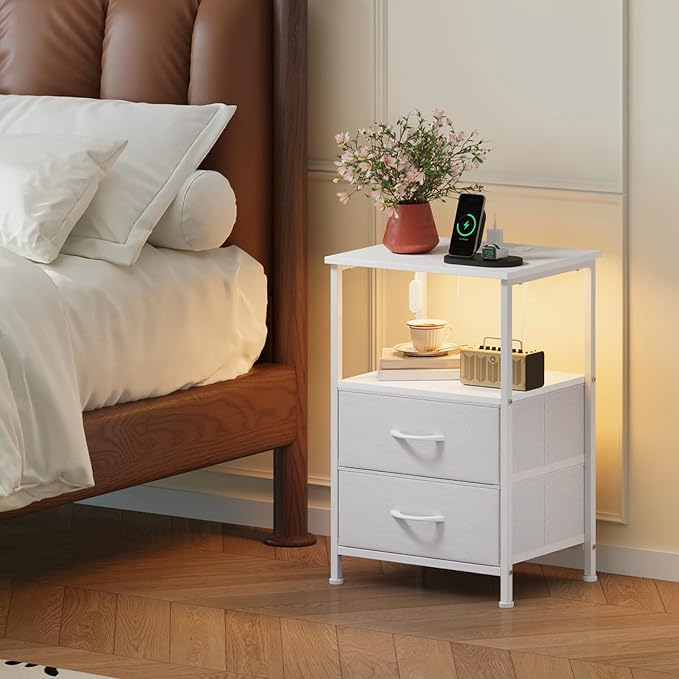 Somdot White Nightstand with Charging Station and LED Light - Image 2