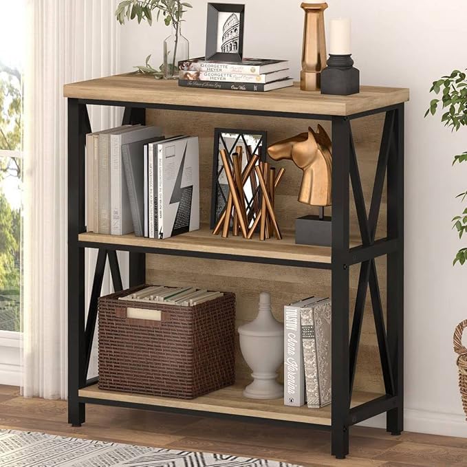 FATORRI Small Bookcase, Wood and Metal Low Short Bookshelf, Industrial Book - Image 6