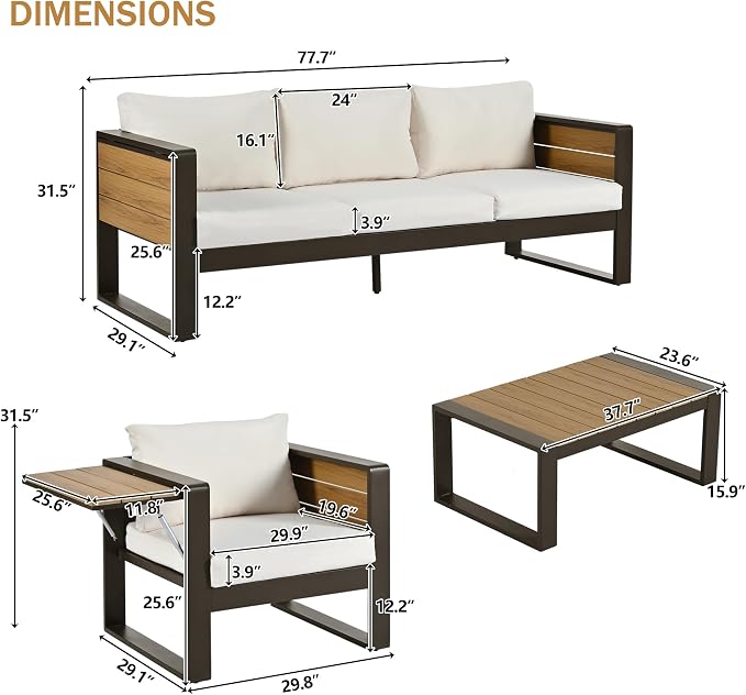 4-Piece Patio Conversation Set, Aluminum Frame Outdoor Patio Furniture Set w/ - Image 3