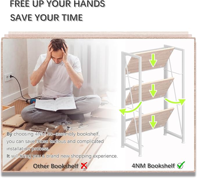 4NM No Assembly Folding Bookshelf Storage Shelves 3 Tiers Vintage Bookcase - Image 6