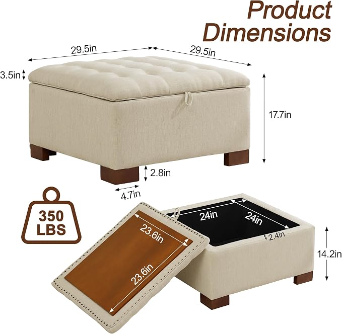WUTUTUEE 30" Fabric Square Storage Ottoman - Image 2