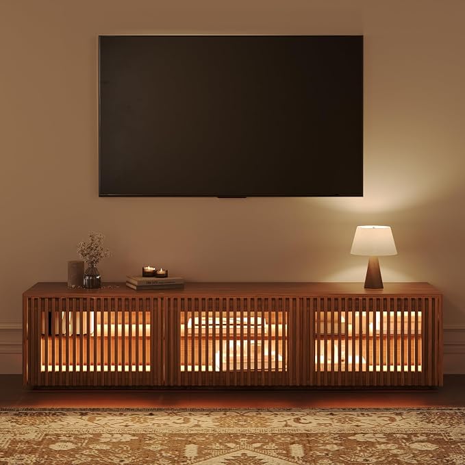 POVISON Mid Century Modern Wood Slatted TV Stand - Image 3