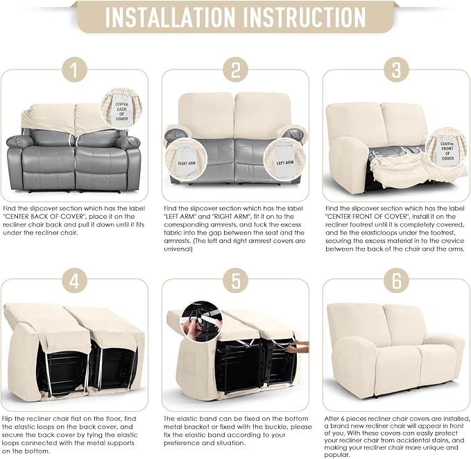 TAOCOCO Recliner Loveseat Slipcover, 6 Pieces Dual Recliner Sofa Covers - Image 7