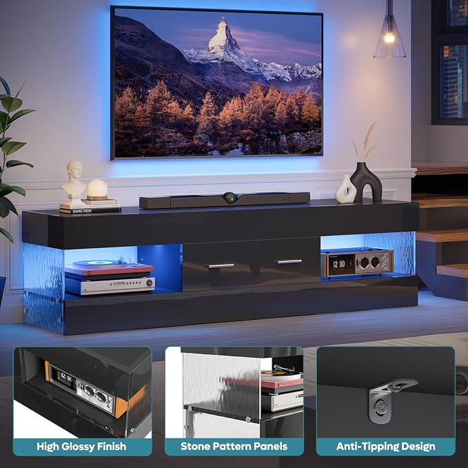 Bestier Black TV Stand for 55/60/65 Inch TV, High Gloss Modern TV Stand - Image 7