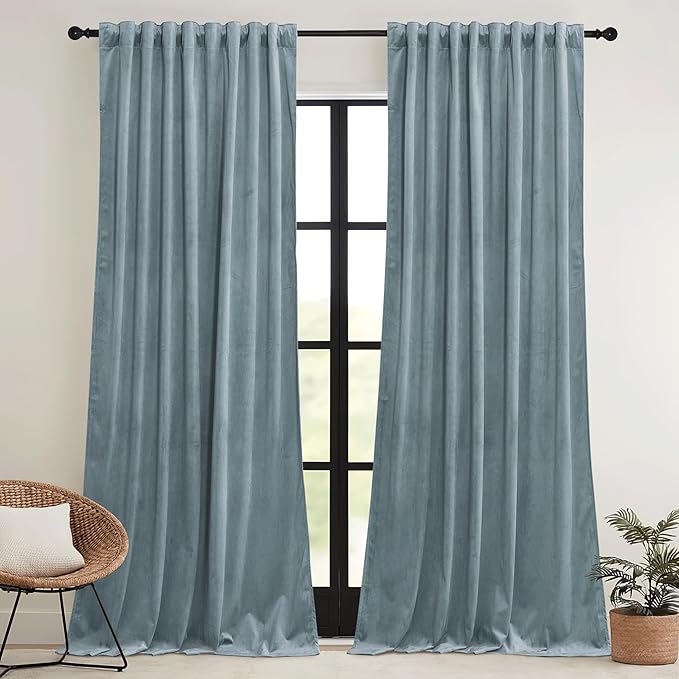 RYB HOME Stone Blue Velvet Curtains 72 inches - Image 2
