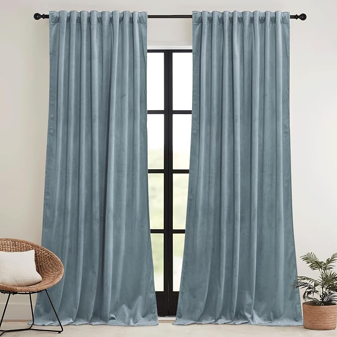 RYB HOME Stone Blue Velvet Curtains 63 inches - Image 2