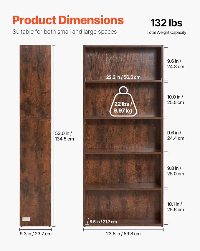 VEVOR 5 Tiers Narrow Bookshelf, 53 in Wooden Open Bookcase - Image 3