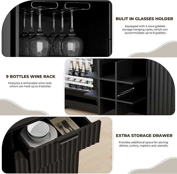 Coffee Bar Cabinet with Fridge, Fluted Wine Bar Cabinet with Wine Rack and - Image 6