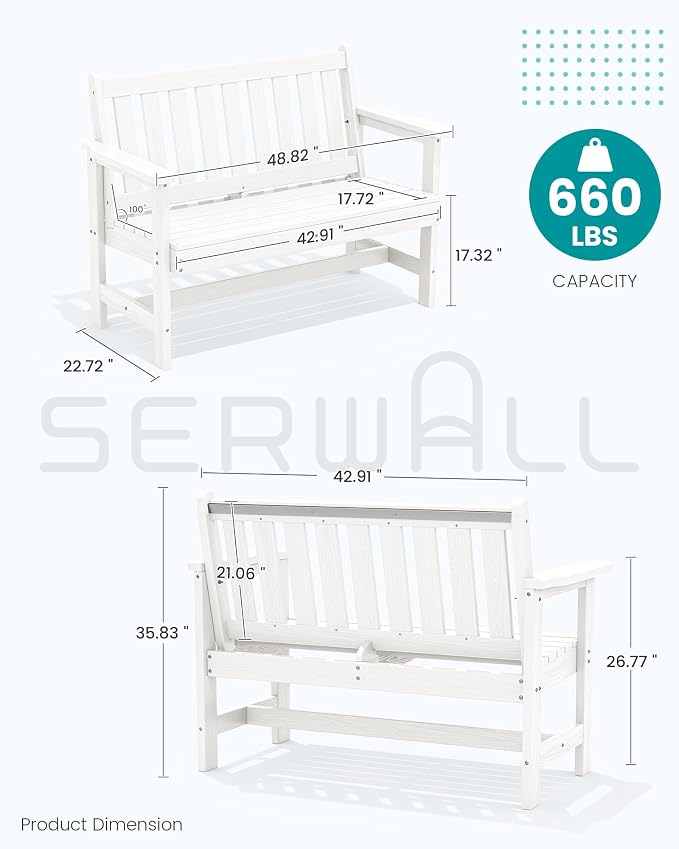 SERWALL Outdoor Bench, HDPE Outdoor Benches Weatherproof, 2-Person Garden Bench - Image 3
