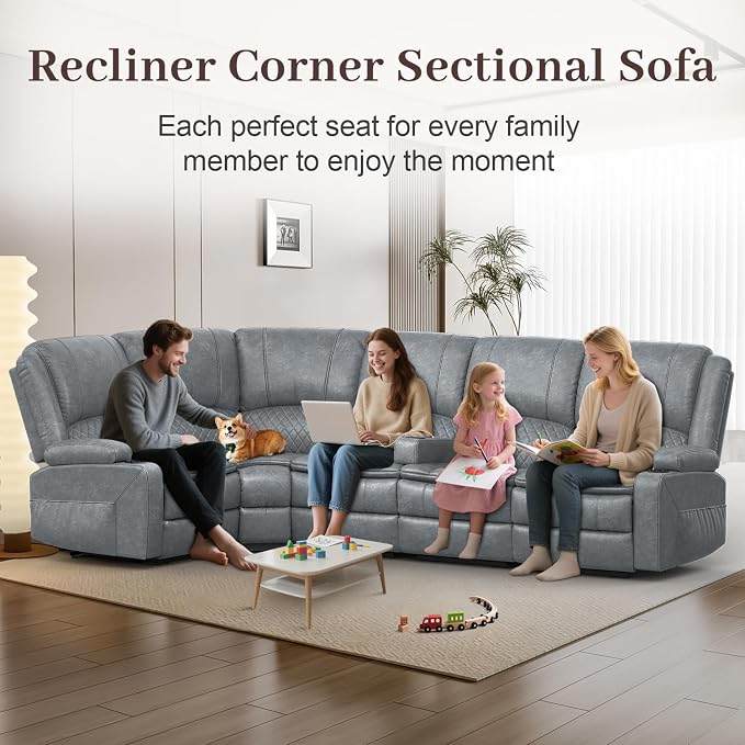 Yolsali Manual Reclining Sectional Sofa Set, 5 Seats 1+1+3 Leather Reclining - Image 3