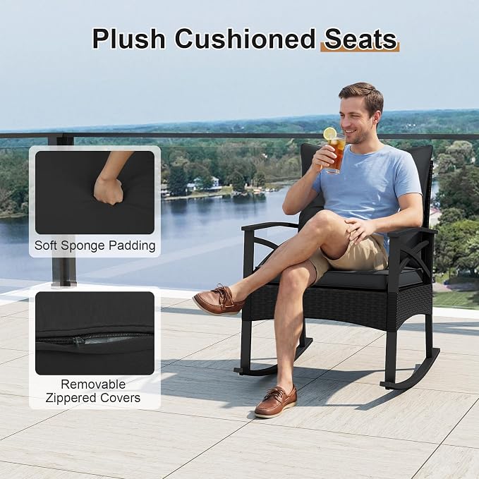 Tangkula 3 Pieces Outdoor Rocking Chairs Set, Rattan Heavy Duty Cushioned - Image 5
