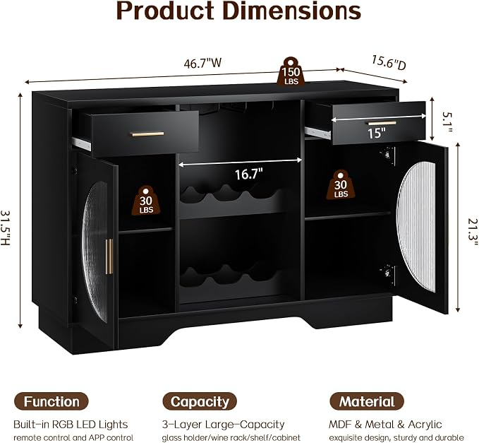 Wine Bar Cabinet with LED Light, Modern Liquor Cabinet Coffee Bar Cabinet - Image 2