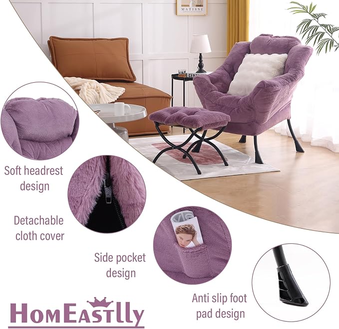 Lazy Chair with Ottoman, Large Purple Accent Chair with Ottoman and FA Throw - Image 4