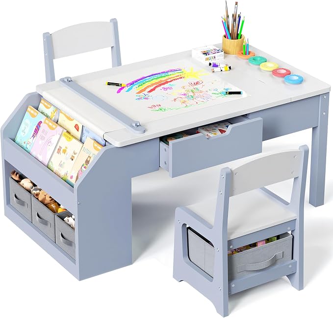 5-in-1 Kids Art Table and Chairs, Wood Toddler Table and Chair Set by JOCOEVOL