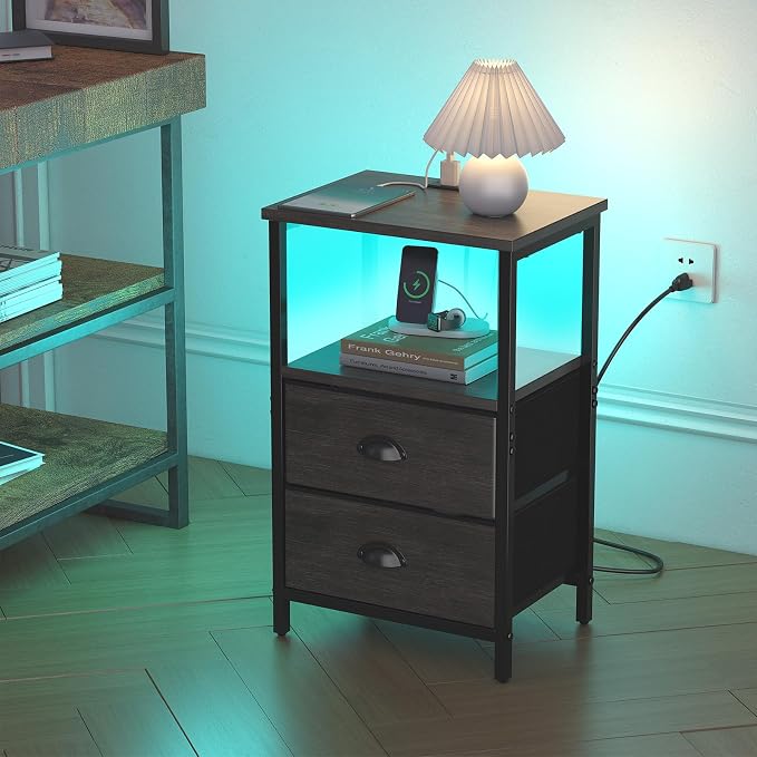 sthmec Nightstand with Charging Station, LED Night Stand with 2 Fabric Drawers - Image 4