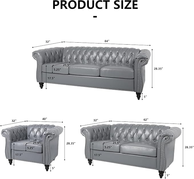 AVZEAR Chesterfield Leather Sofa 3 Seater Couch, Mid-Century Large Sofa Roll - Image 2