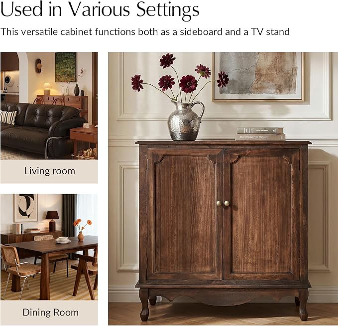 Solid Wood Sideboard with Adjustable Feet, 2 Shelves Storage Accent Cabinet - Image 7