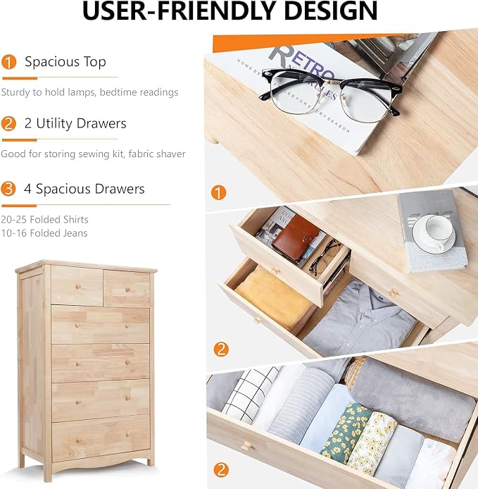 VINGLI Unfinished 6 Drawer Dresser, Natural Solid Wood Dresser Color DIY - Image 6