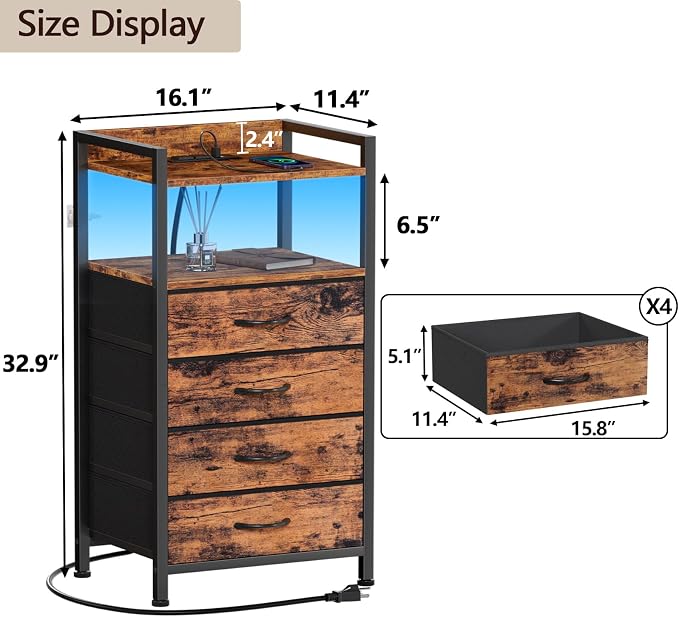 Furnulem Night Stand with Charging Station and Led Light, 4 Drawer Dresser - Image 3