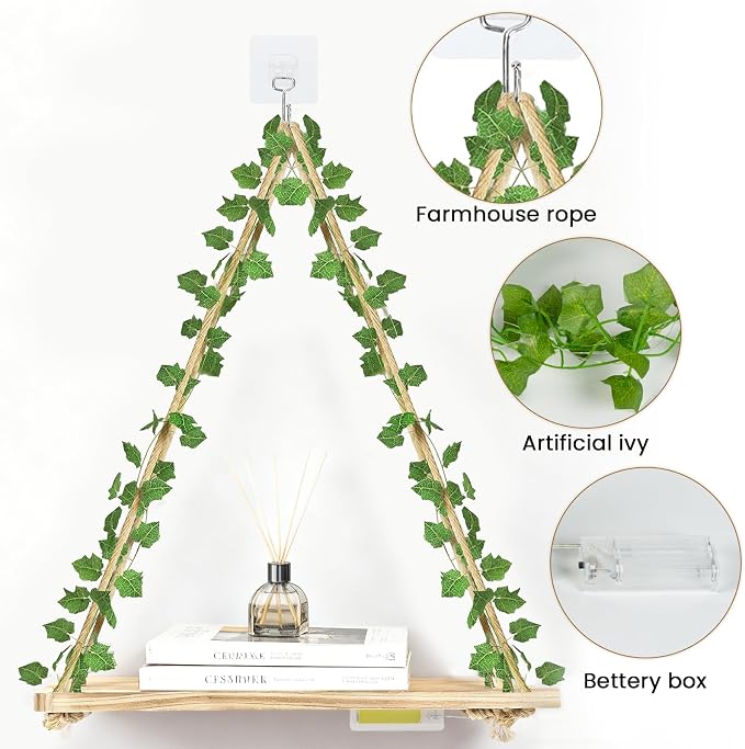 RICHER HOUSE Artificial Ivy LED-Strip Wall Hanging Shelves, Macrame Shelf - Image 5
