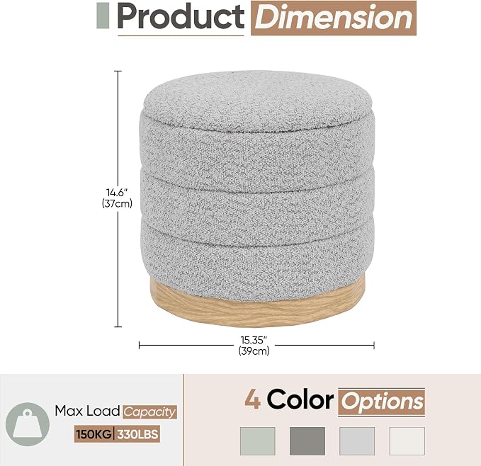 Round Storage Ottoman with Reversible Tray Lid, Folding Chenille Fabric - Image 3