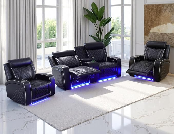 Power Recliner Sofa Set, Breathing Leather Reclining Couch Set, Home Theater by LYfurniture