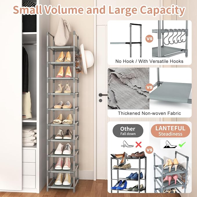 LANTEFUL Narrow Shoe Rack 10-Tier Tall Shoe Organizer Skinny Shoe Shelf Storage - Image 6