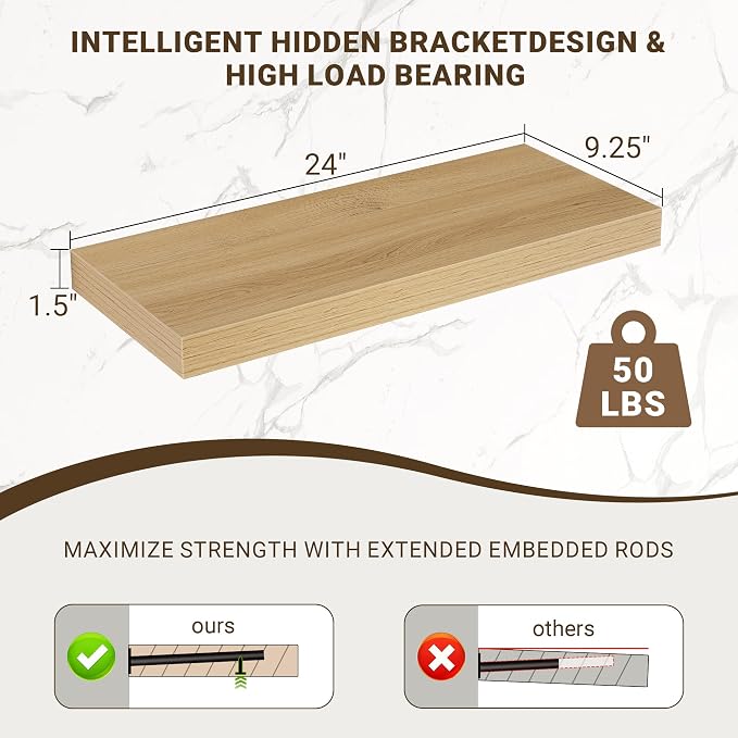 Acovy 24 Inch Floating Shelves, 3D Textured Wood Grain, Wooden Shelves - Image 3