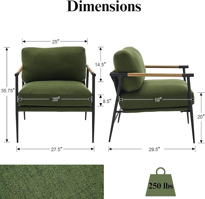 Ya-Home Mid-Century Accent Chair, Soft Armchair Linen Fabric Lounge Chair - Image 2