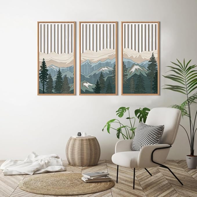IARTTOP Large Mountain Wood Wall Art Framed Decor Set Of 3, Modern Mountain - Image 3