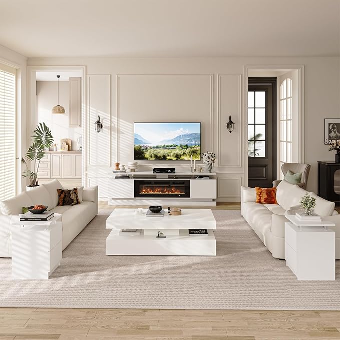 4-Piece Modern Living Room Table Set, Includes High Gloss 70" Fireplace TV Stand - Image 6