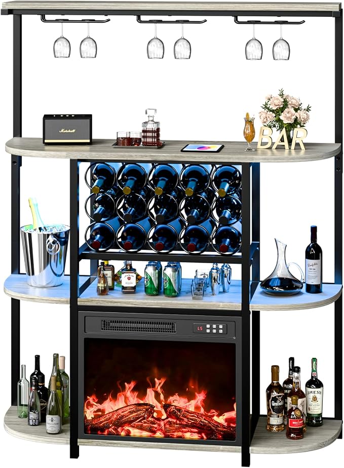 PUKAMI Bar Cabinet with Fireplace, Home Mini Bar Cabinet with Power Outlet and - Image 6