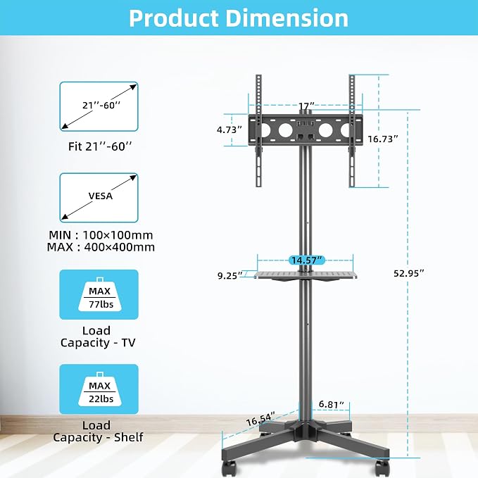 Mobile TV Carts on Wheels for 21-60 Inch Flat/Curved Panel Screens TVs - Image 6