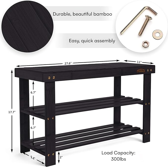 Homemaid Living Bamboo 3 Tier Shoe Rack Bench, Premium Shoe Organizer or - Image 3