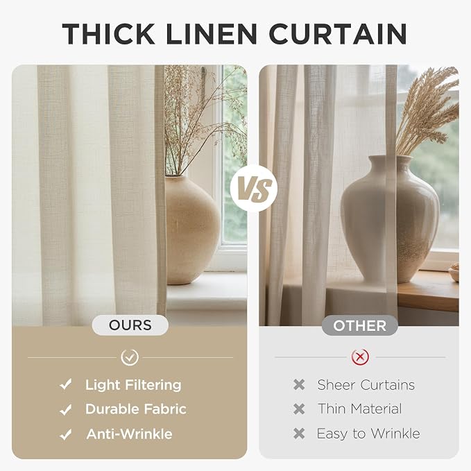 Joydeco Linen Curtains 72 inch Length 2 Panel Set, Light Filtering Curtain - Image 4
