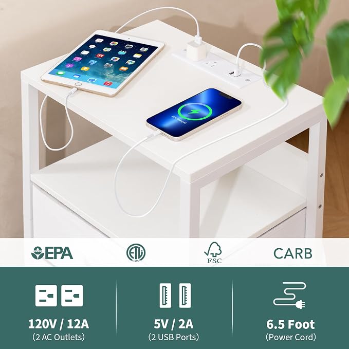 Yoobure Nightstand with Charging Station, LED Night Stand with Fabric Drawers - Image 7