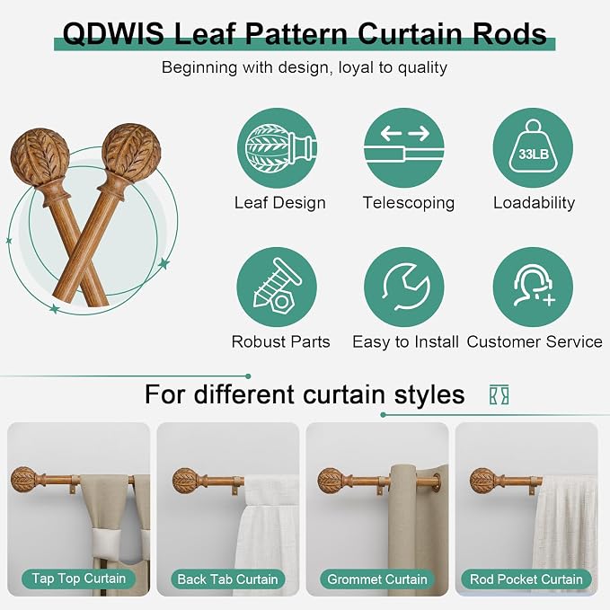QDWIS Boho Wood Curtain Rods for Windows 28 to 48 inch, Rustic Decorative - Image 6