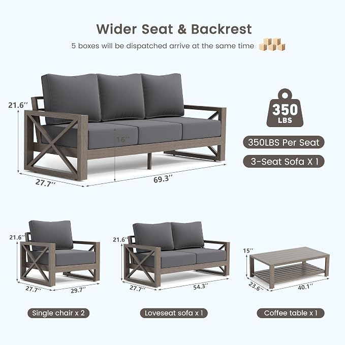 UDPATIO Aluminum Patio Furniture Set, Faux Wood Grain Modern Outdoor Furniture - Image 9