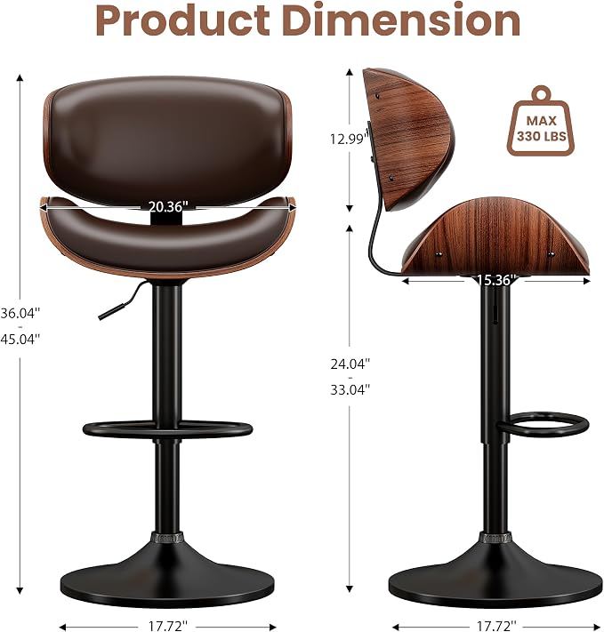 YaFiti Bar Stools Set of 3, Bentwood Adjustable Height Swivel Bar Stools - Image 2