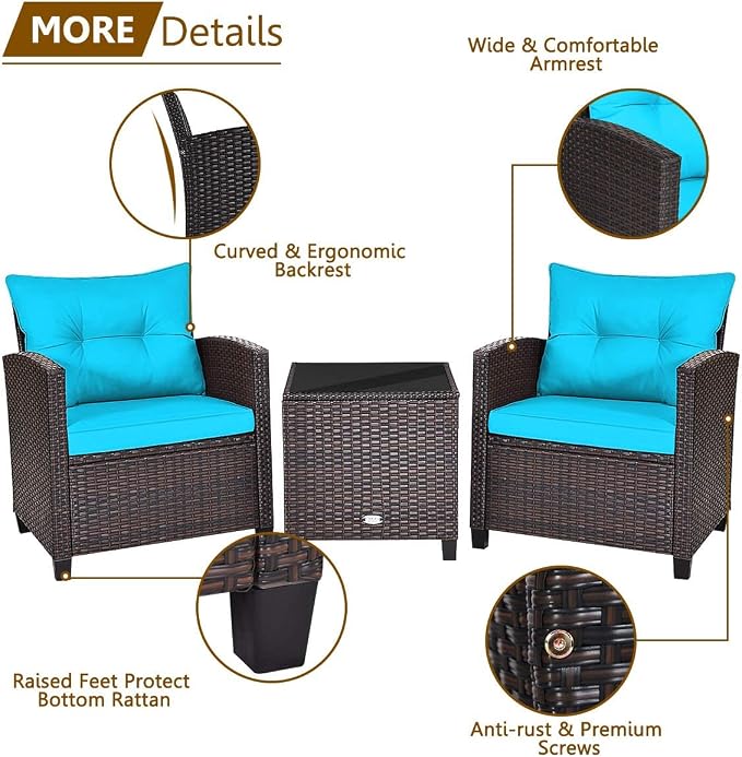 HAPPYGRILL 3 Pieces Patio Conversation Set, Outdoor Furniture Set PE Rattan - Image 6