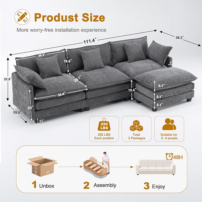 111.4" L-Shaped Cloud Chenille Sofa Sectional Couch - Image 2