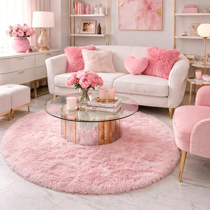 Pink Round Area Rugs 6Ft for Bedroom Living Room, Big Fluffy Shag Circle Rug - Image 4