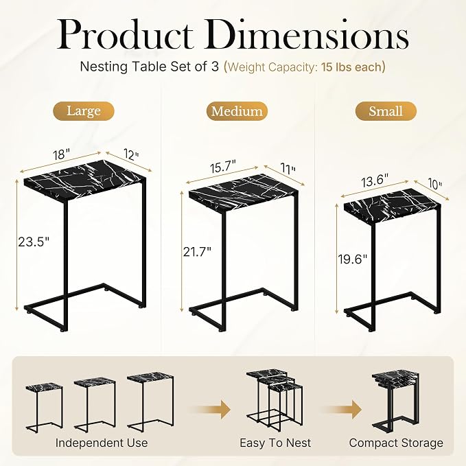 SUPER DEAL Nesting Tables Set of 3, Industrial C Shaped End Table Stackable - Image 3
